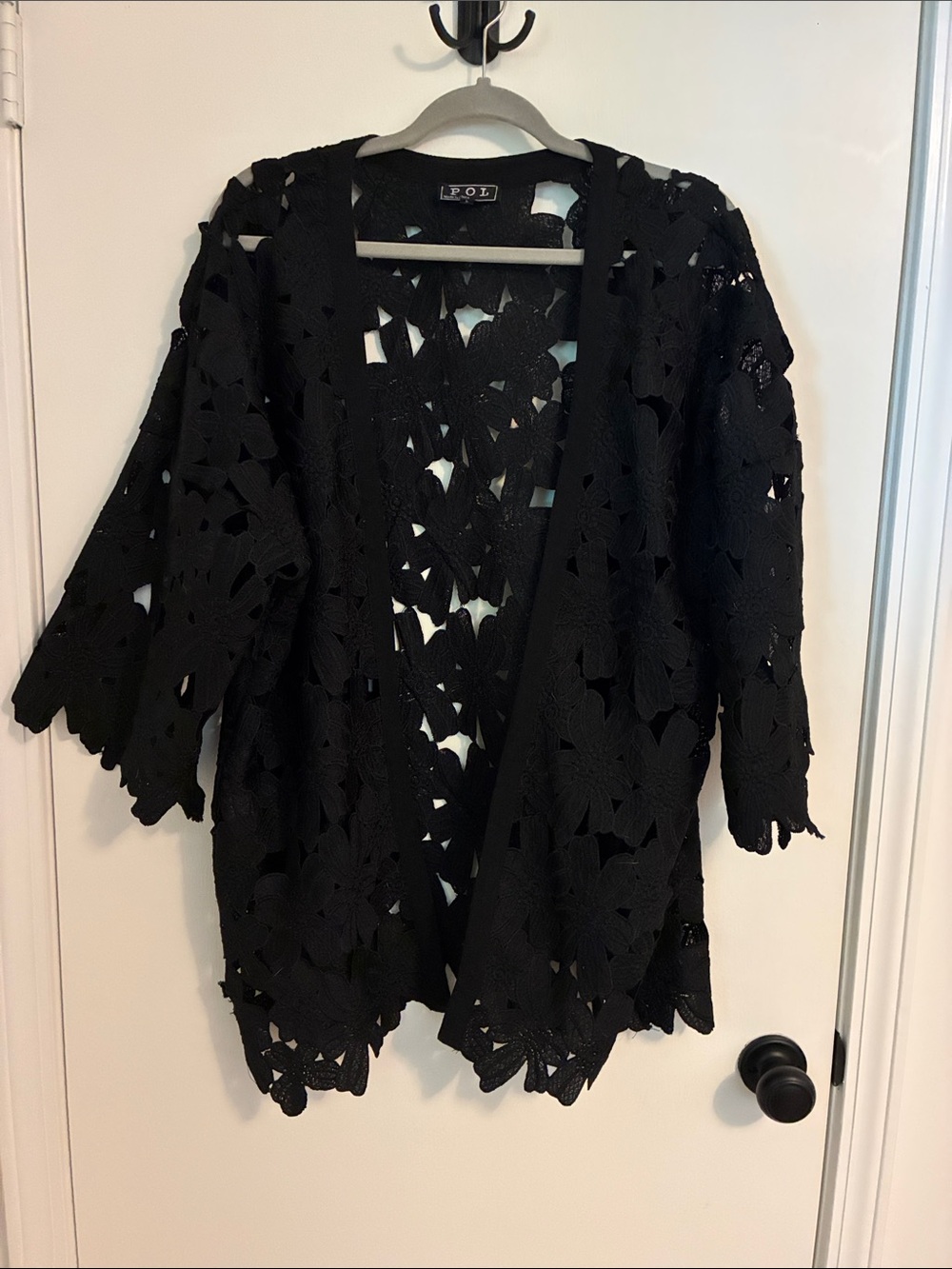 POL Black Open Floral Embroidered Cardigan Large
